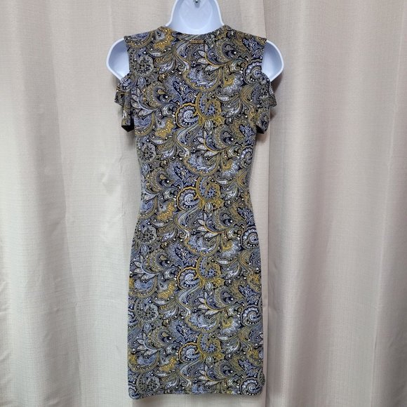 Michael Kors Cold Shoulder Sheath Dress Women's Size XS Navy Blue Yellow Paisley - Picture 3 of 7